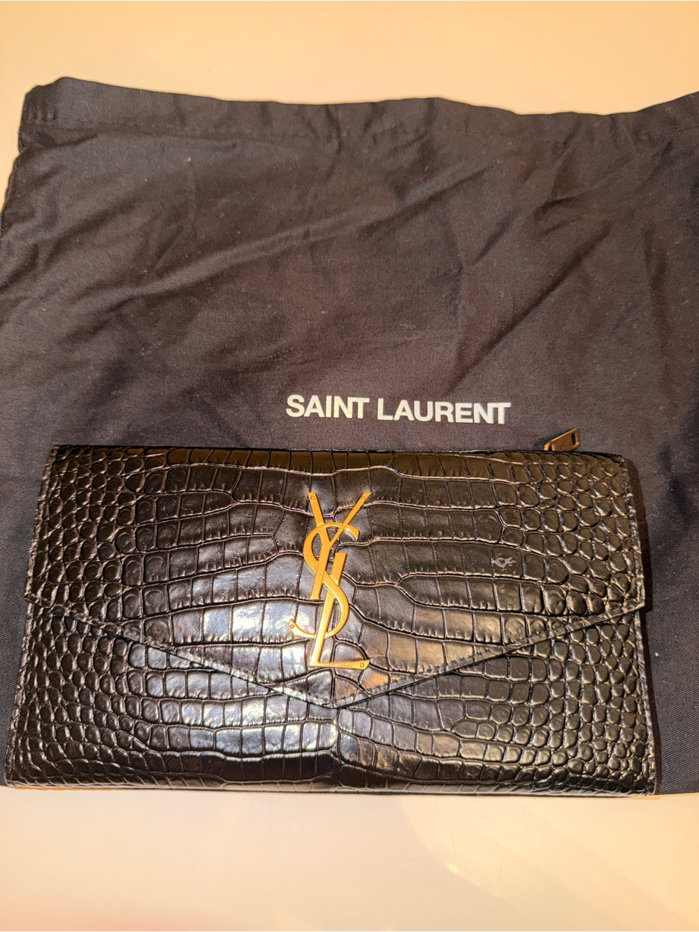 SAINT LAURENT Uptown Clutch In Croc-Embossed Leather Black Wallet - Picture 2 of 8
